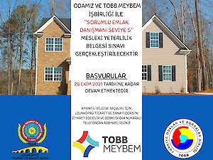 Odamızda; AB Hibe Destekli Motorlu Kara Taşıtları Alım Satım Sorumlusu Seviye 5 ve Sorumlu Emlak Danışmanı Seviye 5 Mesleki Yeterlilik Belgesi Sınavları’na başvurular başlamıştır.